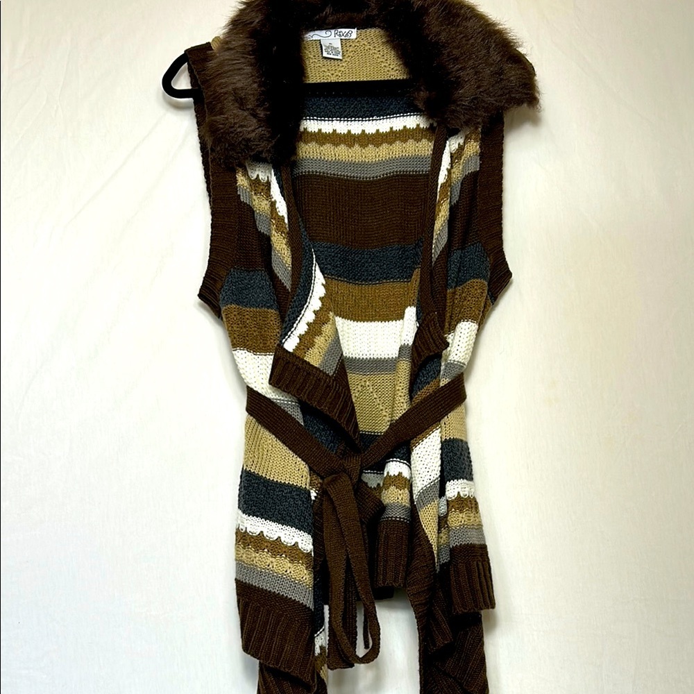 RXB Sleeveless Cardigan Size XL Faux Fur Collar Brown Tan Cream Belted